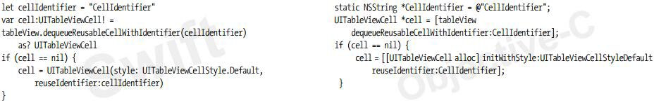 通過dequeueReusableCellWithIdentifier:方法，可以用標(biāo)識符從表視圖中獲得可重用單元格，模式代碼