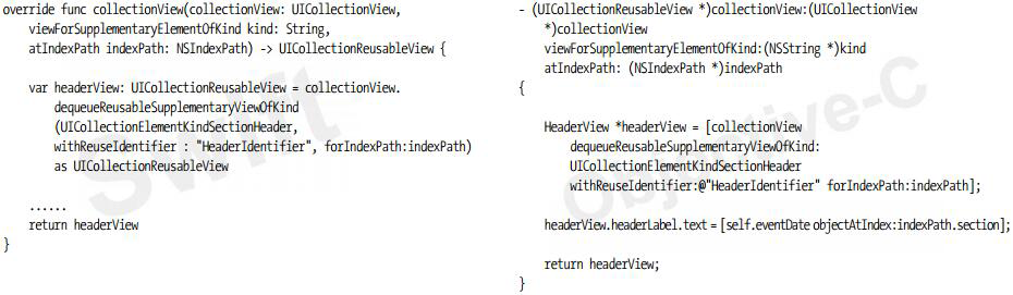 使用UICollectionView的dequeueReusableSupplementaryViewOfKind:withReuseIdentifier:forIndexPath:方法獲得可重用的補充視圖，模式代碼